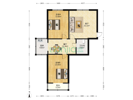 太原市规划局宿舍 2室2厅1卫 92平方
