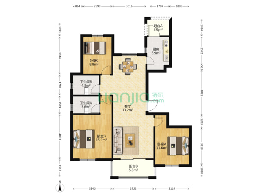 聚和佳苑二区 3室1厅2卫 125平方