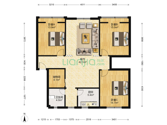联盟南路9号 3室1厅1卫 125平方