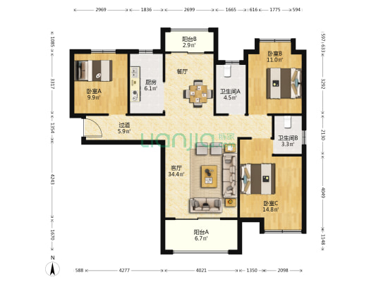 瑞江·东襄华府 3室1厅2卫 132平方
