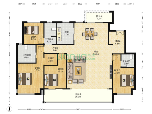 美的云樾 4室1厅3卫 185平方
