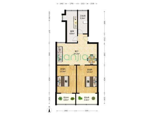 田园村 2室1厅1卫 85平方