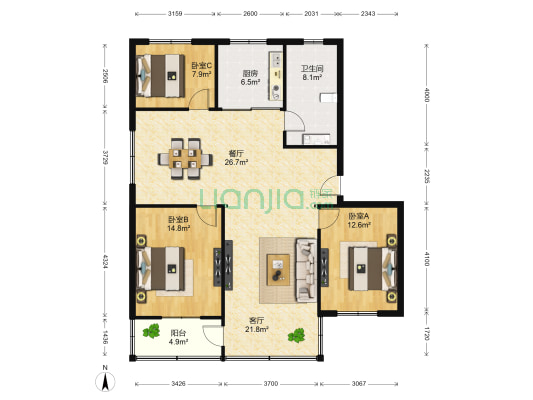 华联新村 3室2厅1卫 124平方