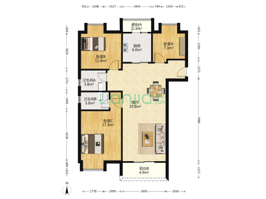 碧桂园云境 3室1厅2卫 121平方