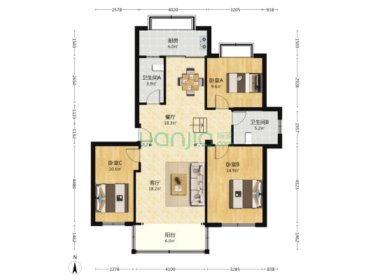 恒生3号小区 3室2厅2卫 113平方