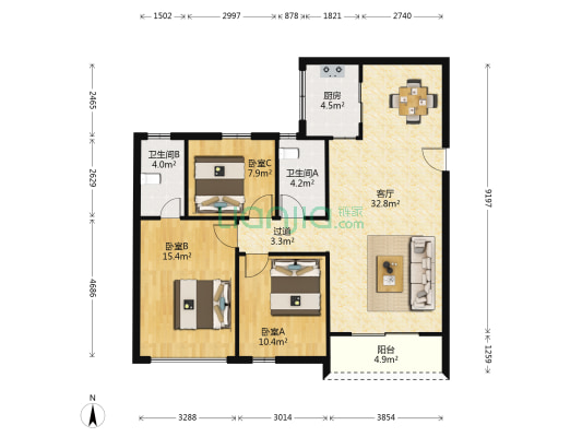 容桂富景楼 3室1厅2卫 118平方