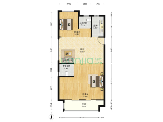 新鸿万锦城 2室1厅2卫 120平方