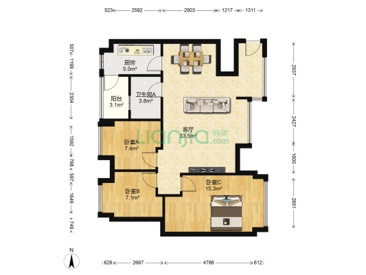 一品CG 3室1厅1卫 90平方