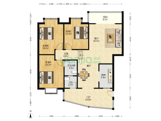 芙蓉丽锦 3室1厅2卫 126平方