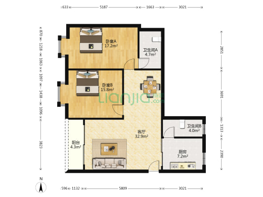 新北江大厦 2室1厅2卫 105平方