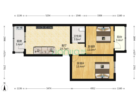 滨河路3号 2室1厅1卫 70平方