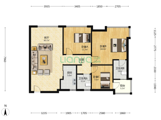 地王广场公寓 3室1厅2卫 119平方
