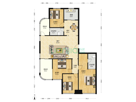 中投绿园 4室2厅2卫 150平方
