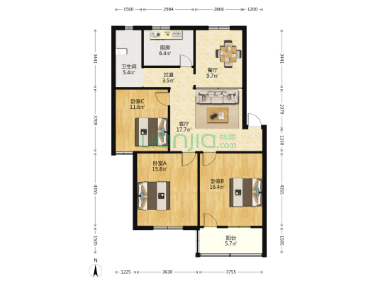 七九大院 3室2厅1卫 108平方