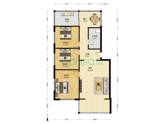 木兰小区 3室2厅1卫 125平方