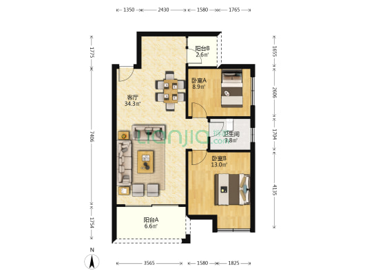 联发乾景电梯毛坯两房 产权76.81m² 大开间-户型图