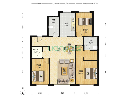 龙湖天璞 3室1厅2卫 121平方