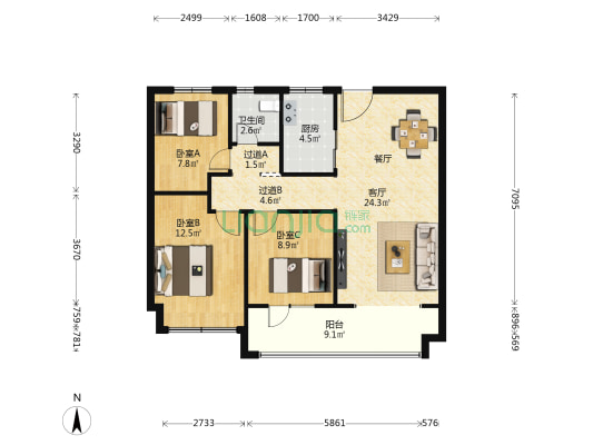 旭辉银盛泰正阳府二期 3室1厅1卫 104平方