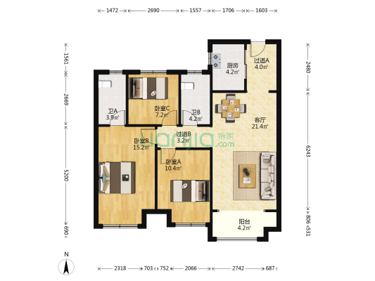 鲁班国汇城·儒苑 3室1厅2卫 108平方