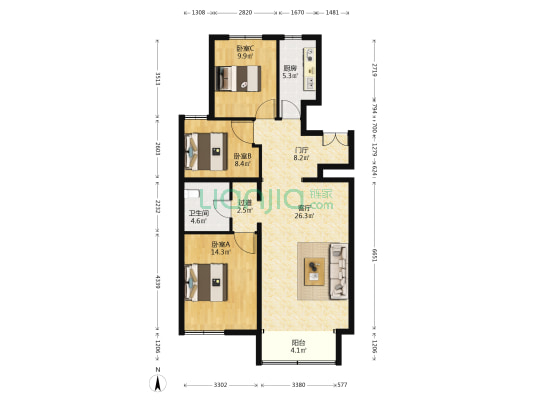 万象新天三区 3室1厅1卫 116平方