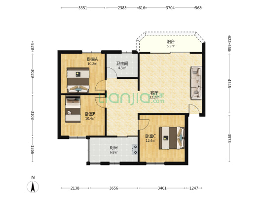 阳明花园 3室1厅1卫 93平方