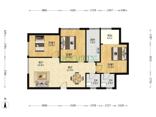 嘉图三期 3室2厅2卫 114平方