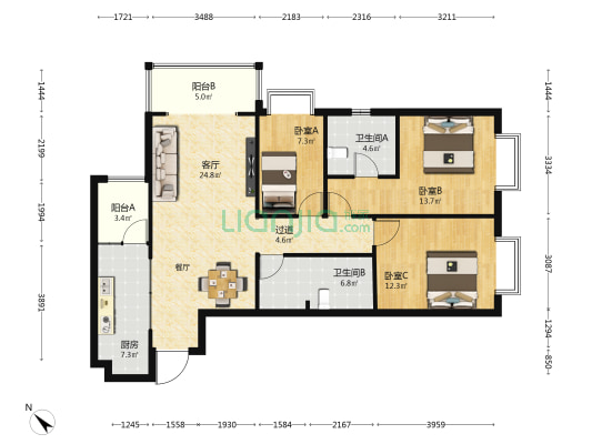 西城林语斓郡苑 3室1厅2卫 119平方