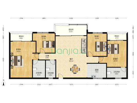 中华阁 4室1厅3卫 169平方