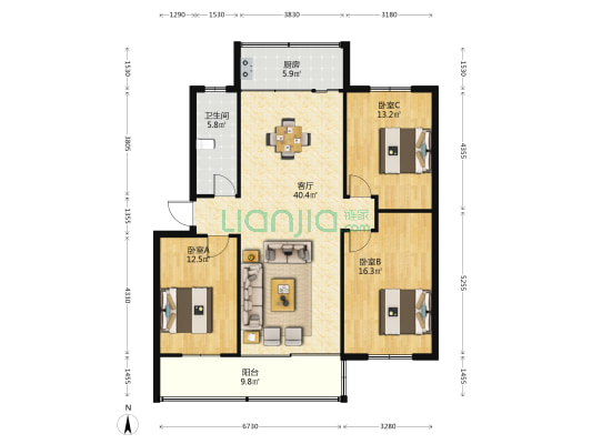 新园小区 3室1厅1卫 125平方