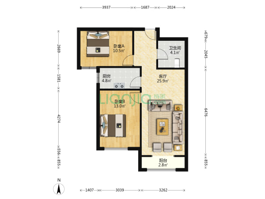 朝南两居室，户型方正，自住标准装修。-户型图