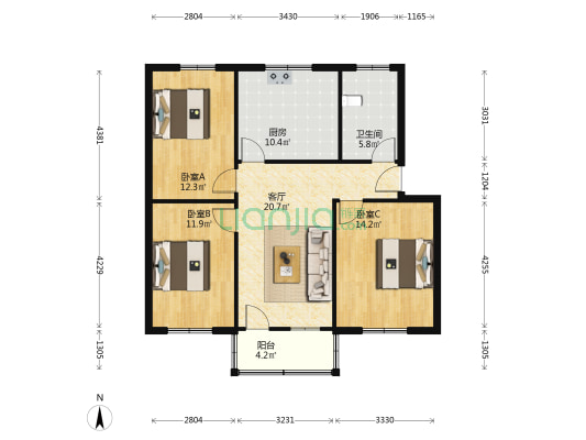 二线所家属院 3室1厅1卫 95平方