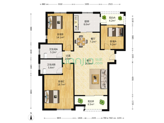 金盛花苑 3室2厅2卫 134平方