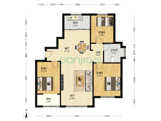 天润新城东区 3室2厅1卫 126平方