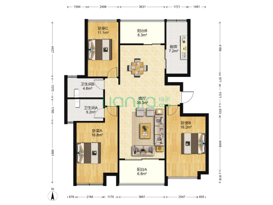 昆山雅居乐花园 3室1厅2卫 129平方