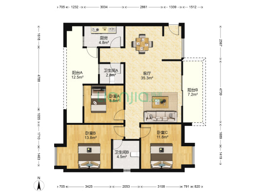 崧岭云居 3室1厅2卫 113平方
