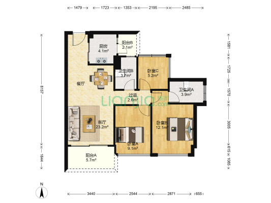龙光玖龙府 3室1厅2卫 87平方
