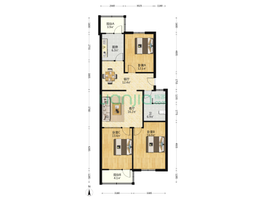 附中宿舍 3室2厅1卫 104平方