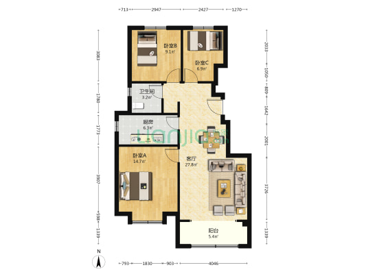 天铂澄园 3室1厅1卫 100平方