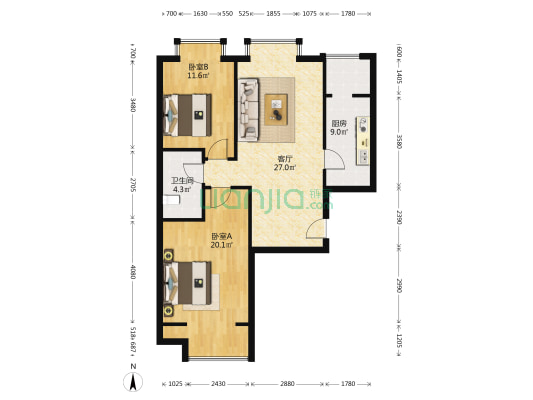 君泰风尚 2室1厅1卫 97平方