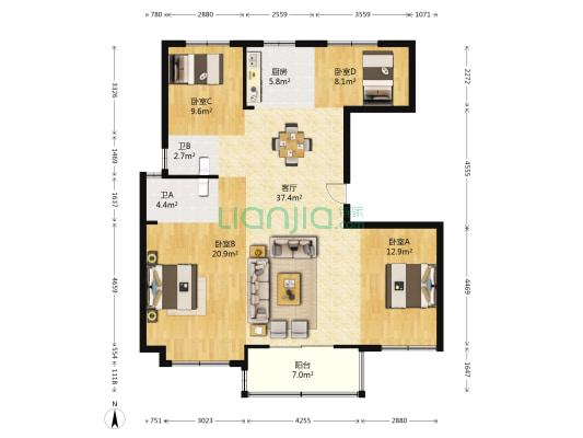 雅戈尔雅旭花苑 4室1厅2卫 133平方