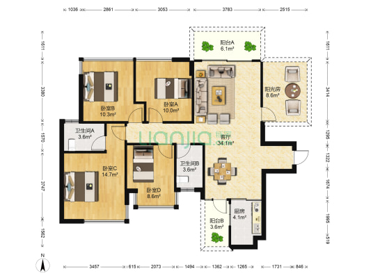 西城1号 4室1厅2卫 115平方