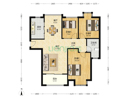 大唐金城 3室2厅1卫 104平方
