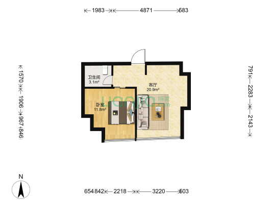 绿地铂瑞公馆 1室1厅1卫 60平方
