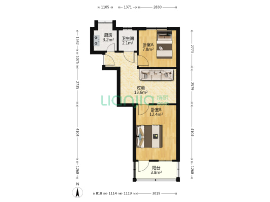 西工房 2室0厅1卫 55平方