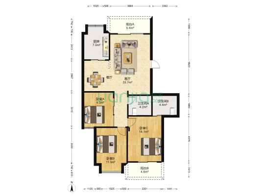 怡美嘉园1期 3室1厅2卫 107平方