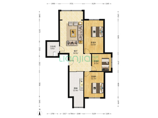 鑫隆家园 3室1厅1卫 124平方