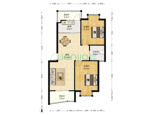 蓬曦园B3区 2室1厅1卫 94平方