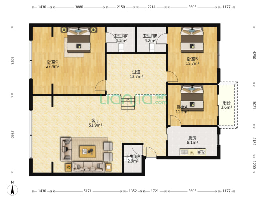 广场公寓 3室1厅3卫 160平方