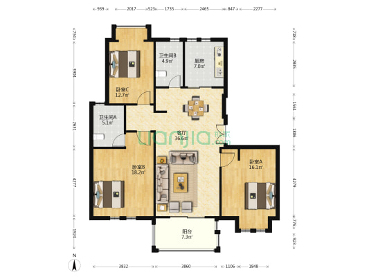 大华颐和华城紫颐园 3室1厅2卫 136平方