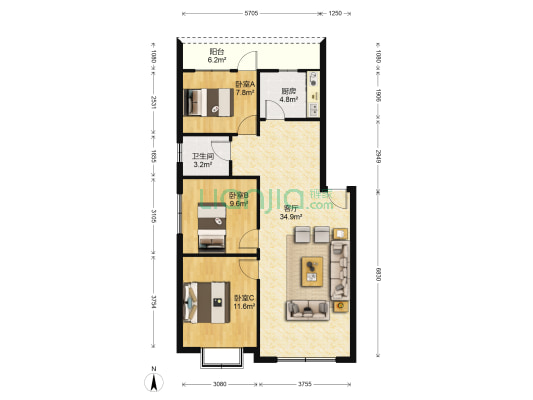 永丰城南丽景A区 3室1厅1卫 95平方